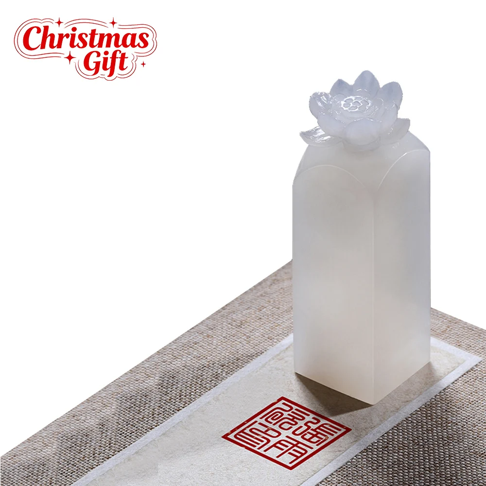 

Jade Stone Name Stamp Lotus Seal Stamp White 2CM Square Calligraphy Painting Signature Customized Stone Stamps Red Inkpad Gifts