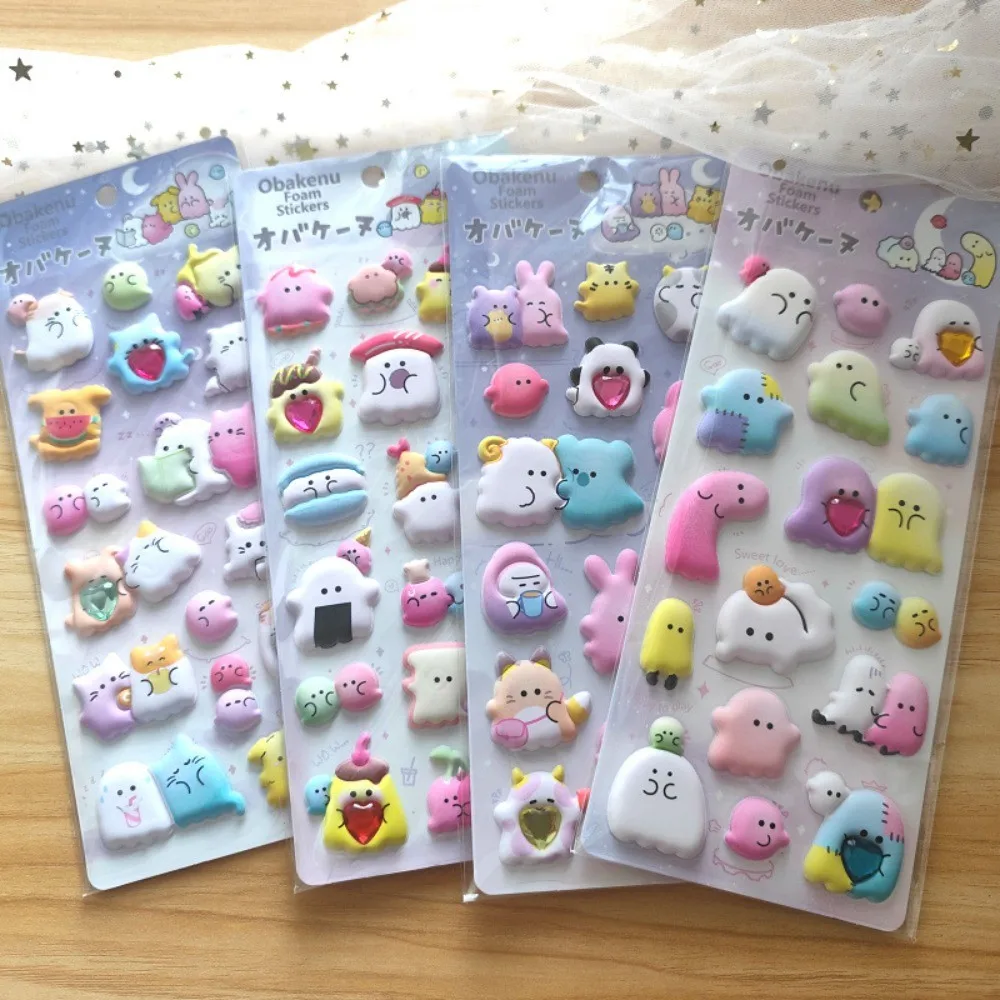 4-Piece Adorable Plushy 3D Bubble EVA Stickers with Diamonds - Ghost Animal Kids' Reusable Adhesive Stickers for Backpacks