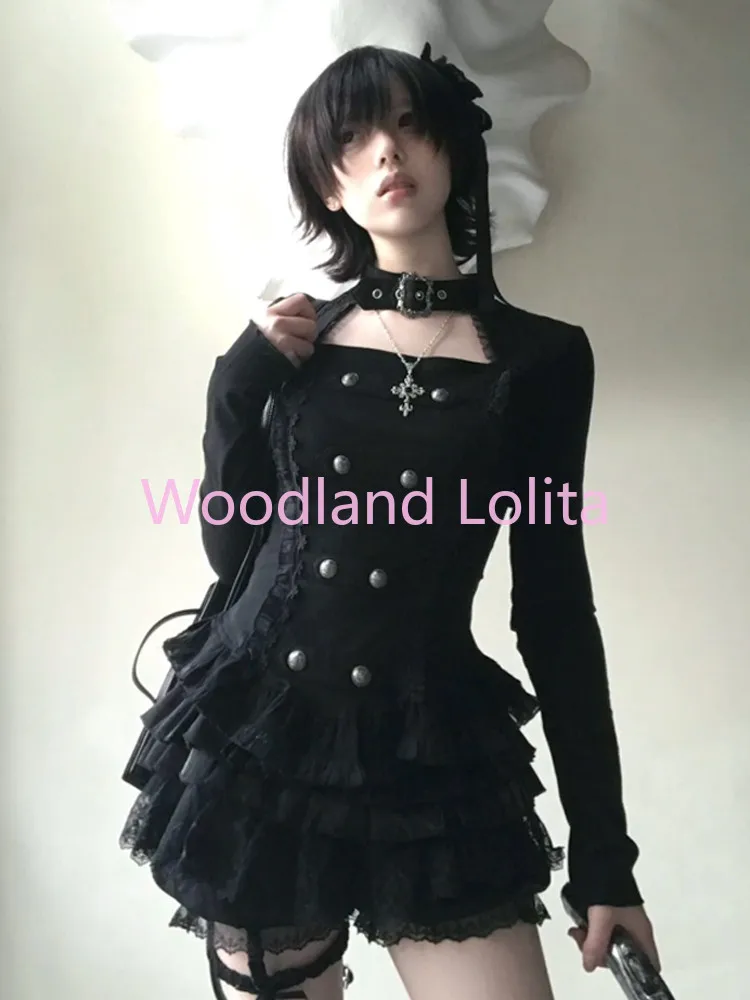 Jirai Kei Gothic Lolita Dark Sweet 2 Piece Set Women Long Sleeve Lace Ruffle Tiered Skirt Bowknot Cross Slim Fit Mini Dress Set image 5