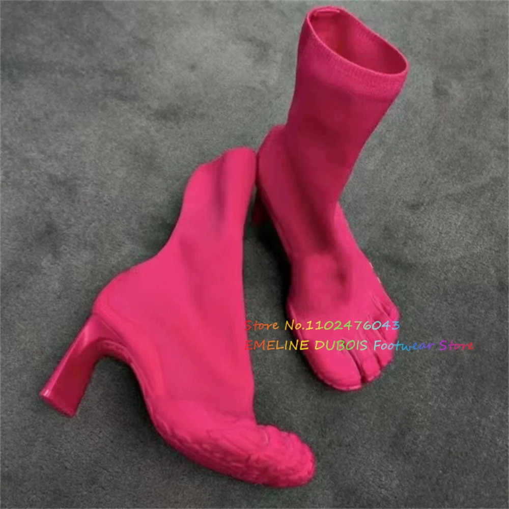 Five Finger Split Toe Thick Heel Short Boots for Women Eopard Print Elastic Knitted Sleeve High Heels Side Zipper Mid Calf Boot