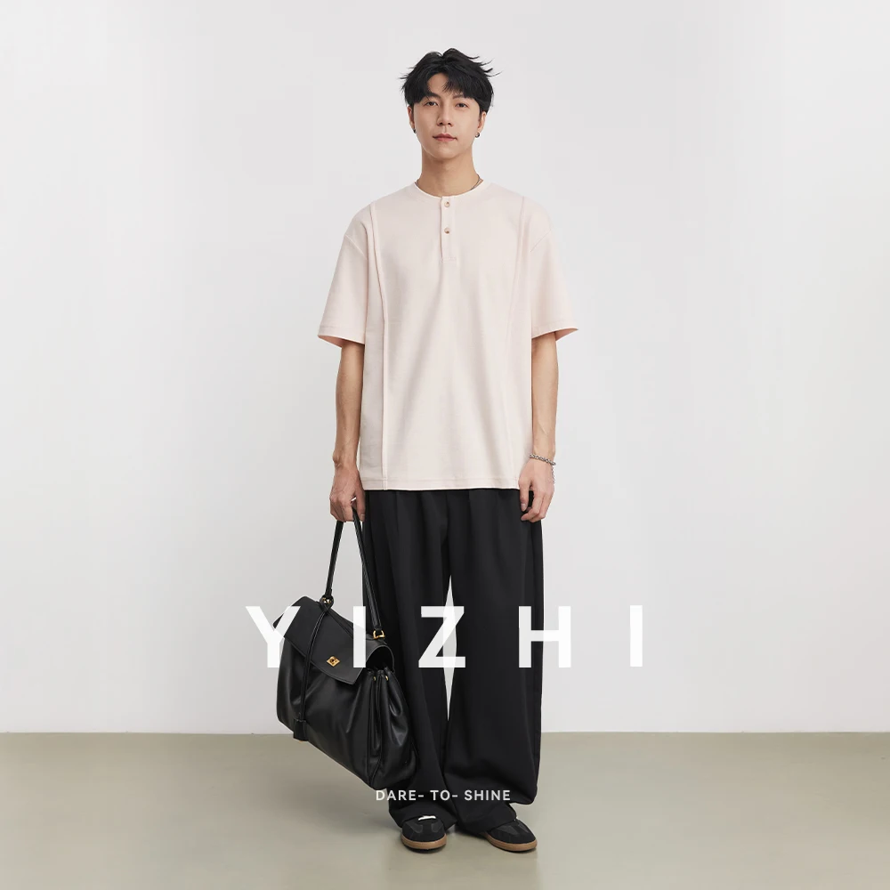 Bamboo Cotton Henry Collar Old Money Style Short-sleeved T-shirt For Men 2026 Summer Simple Handsome Pullover Half-sleeved Top