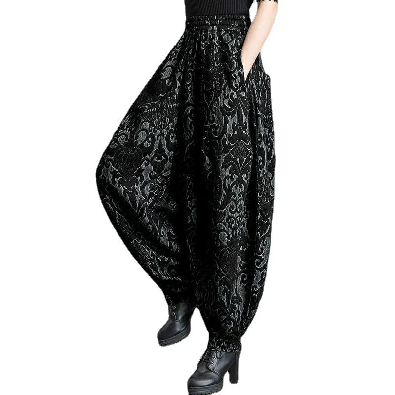 New Draping winter Jacquard Bloomers Women Casual Loose High Waist Vintage Wide Leg Harlan Pants Oversized Mom Pants trousers