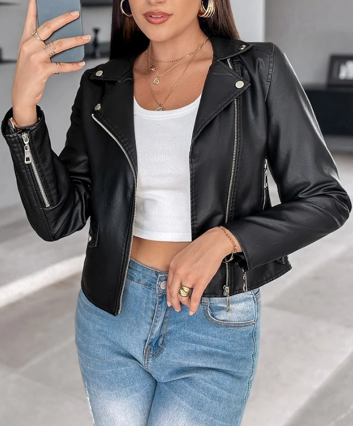 

Hot Selling Pu Coat for Women 2024 Spring Autumn Casual Long Sleeve Pu Leather Notched Collar Zipper Design Biker Jacket