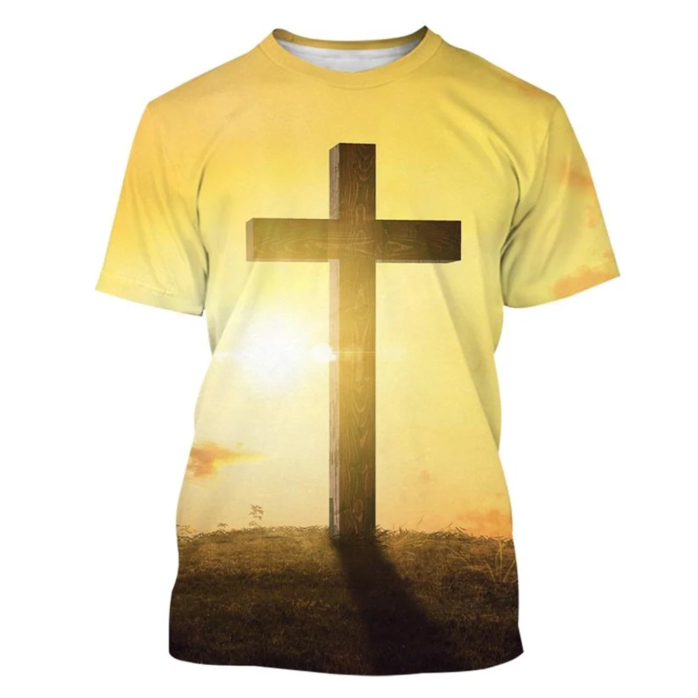 New Men\'s Summer Fashion Breathable Sports 3D T-shirts Christian Cross Black and White Jesus Printed 3D T-shirt Leisure Men Tops