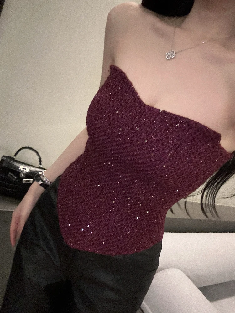 

Youenbb Romantic Heavy Work Purple Sequin Crop Top Slimming Waist Sexy Vest Women's Faion Spring Summer Versatile ort Length