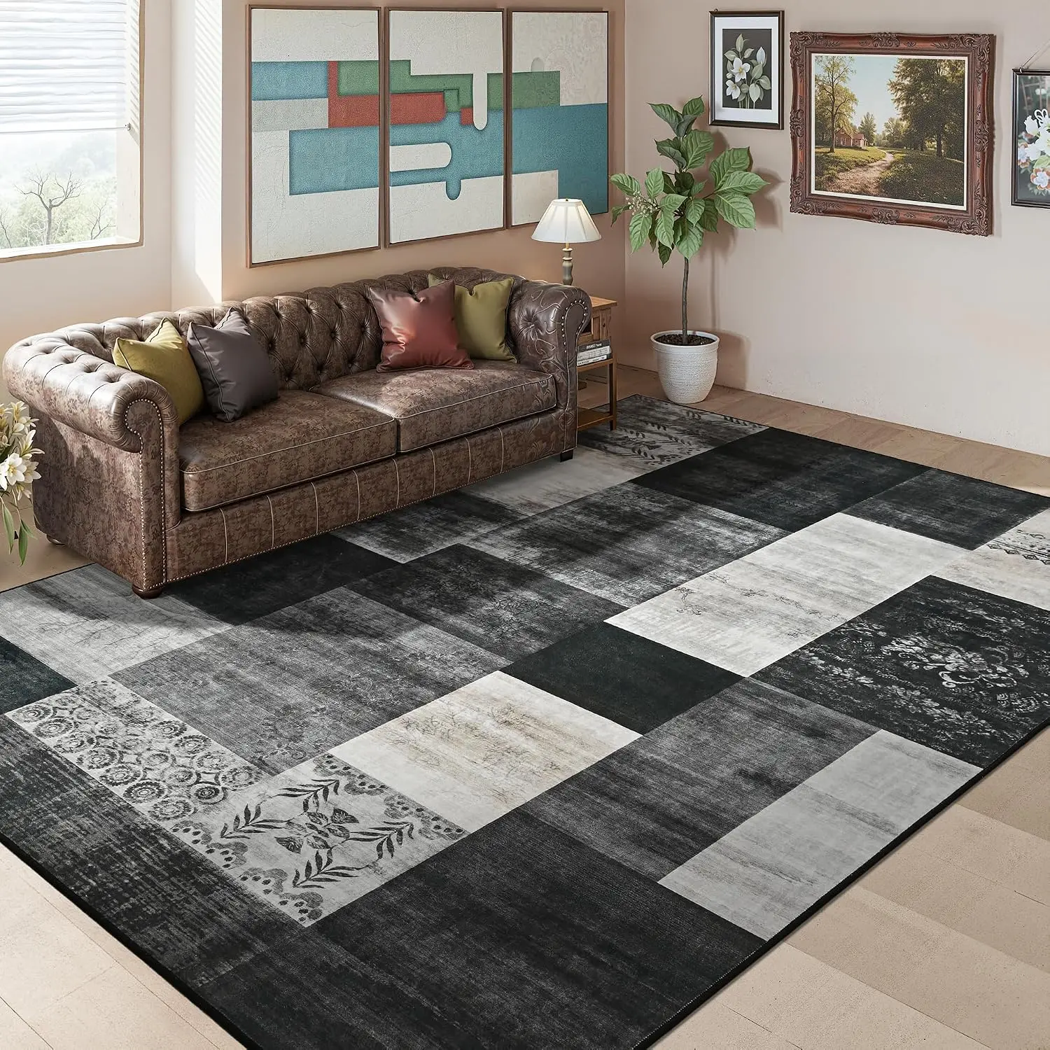 Monochrome Geometric Patchwork Area Rug Washable Non-Slip Carpet for Living Room Bedroom Farmhouse Decor Black White