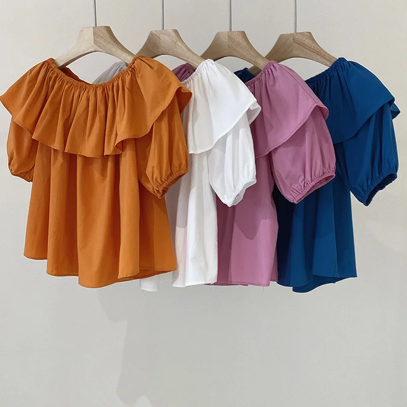 

Sexy Slash Neck Blouse Summer Woman Sweet Patchwork Ruffles Tops Short Sleeve Age-reducing Elegant Shirts Femme