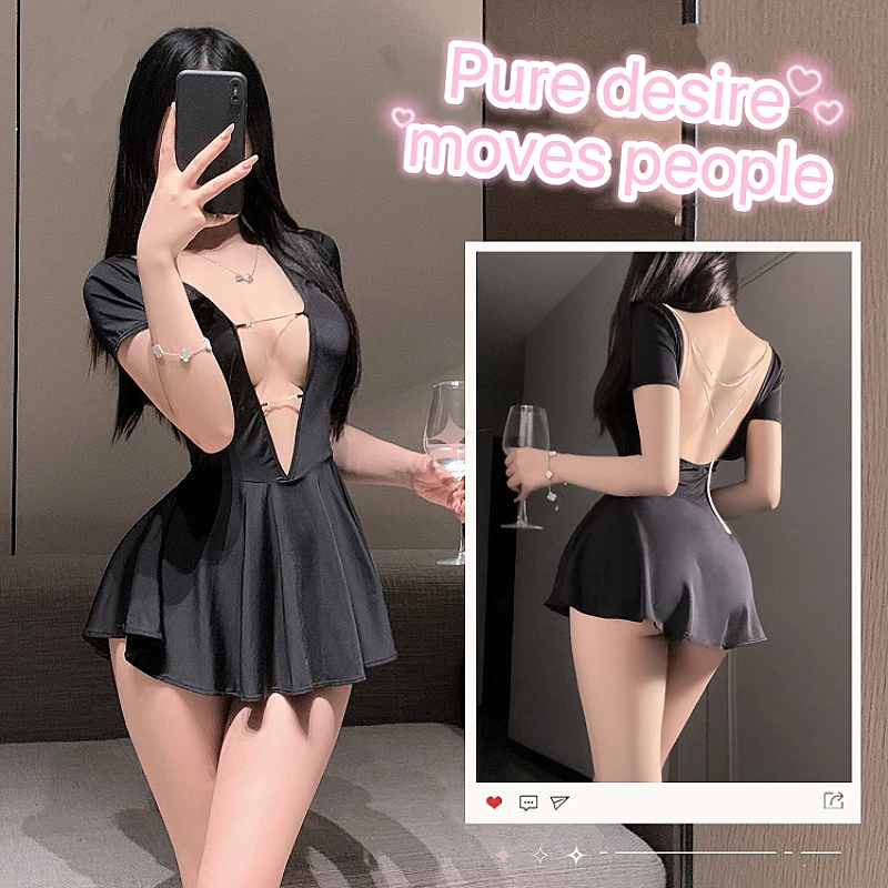 Women Black V-Neck Chain Dress Sexy Lingerie Workout Uniform Training Outfit Elegant Fashion Pajamas Nightclub Erotic Costumes