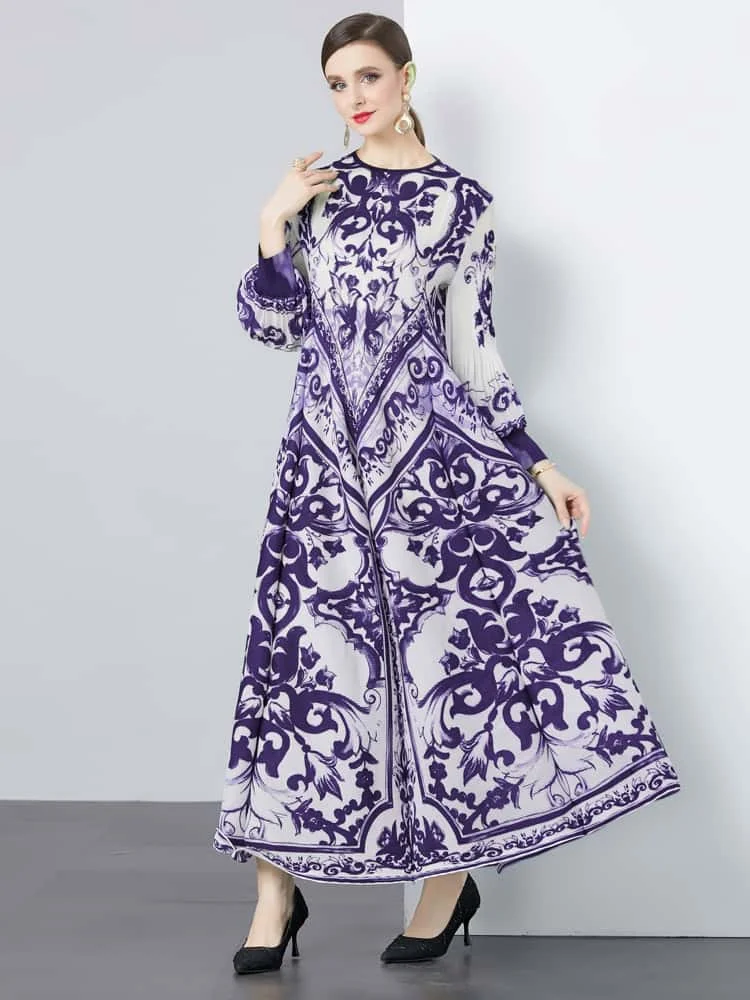 موضة مطوي فستان مُزين بطباعة للنساء س الرقبة طويلة الأكمام المرقعة 2025 ربيع ربيع الخريف جديد أنيق فساتين الحفلات النسائية