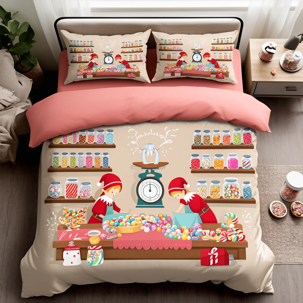 

3 шт., рождественский комплект постельного белья с пряничным домиком, полиэстер, милый принт, размер королевы, кухонный подарок для дома