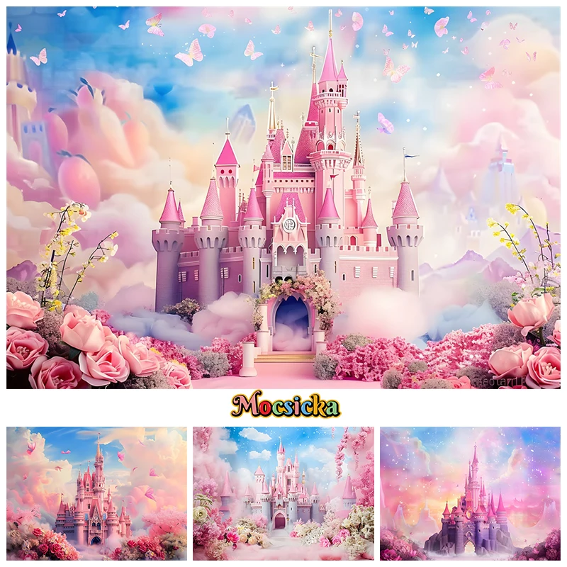 

Pink Castle Photo Backgrounds For Photographs Rose Princess Children Baby Shower Boy Girl Birthday Backdrop Decoration Photozone