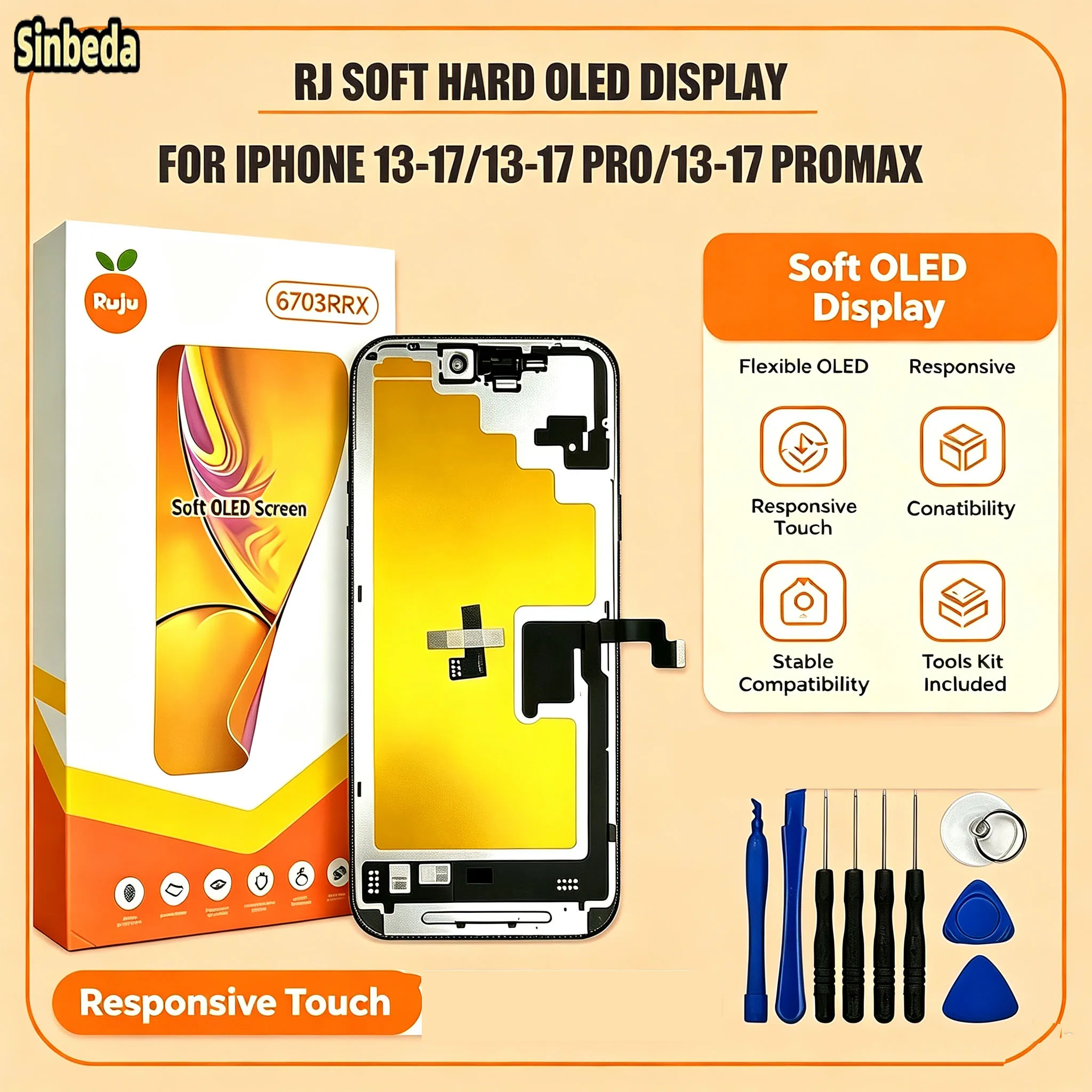 Replacement RJ Soft Hard OLED Display For Iphone 13 14 15 16 17 Pro Max 100% Tested Touch Screen Digitizer Assembly With Tools
