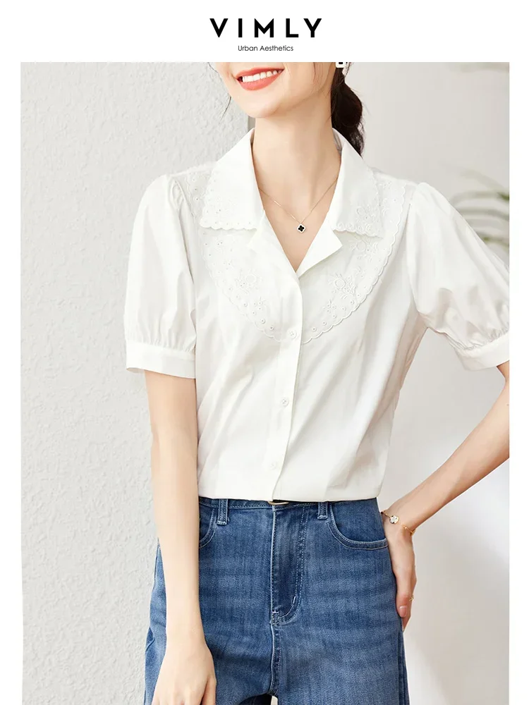 Vimly White Short Sleeve Shirts for Women Sweet Puff Sleeve Elegant Summer Top Hollow Out Embroidery Female Shirts and Blouses