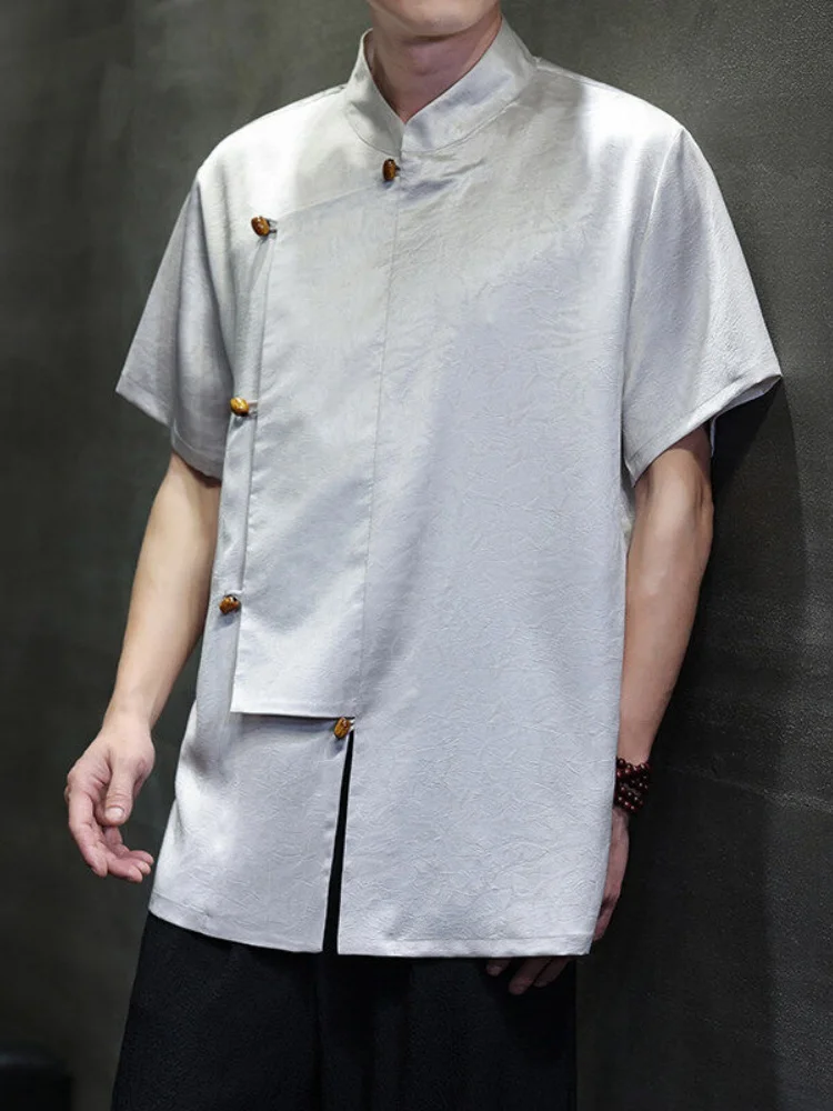 

Acetate Silk Men's irt Summer Thin Cool Feeling Ice Silk ort Sve Chinese Sle Side Button Tang Costume Hanfu Loose Fit