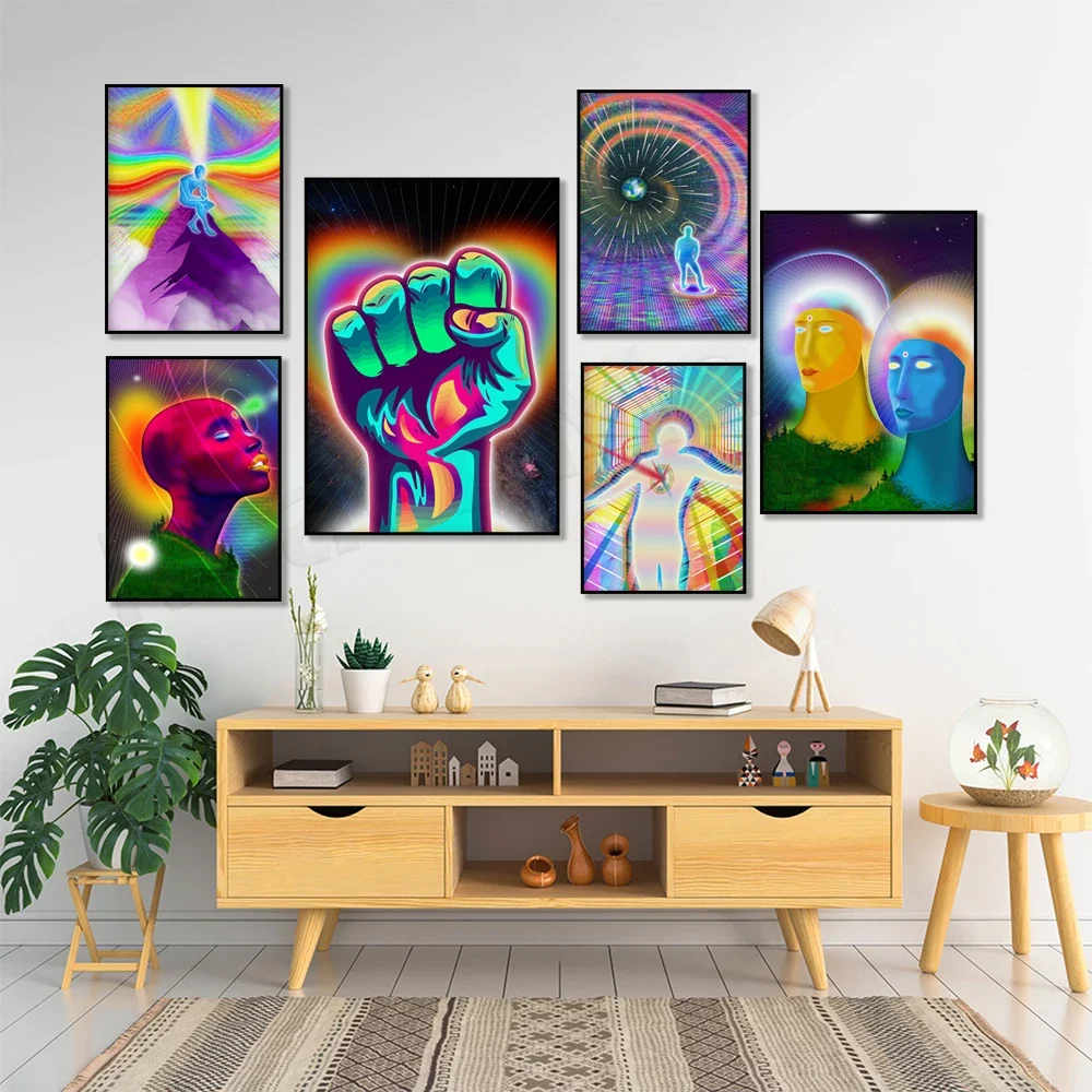 Psychedelic, divine feminine, psycho art, cosmic, sci-fi, weird art, mindfulness, zen, spiritual hippie, surreal, 90s poster