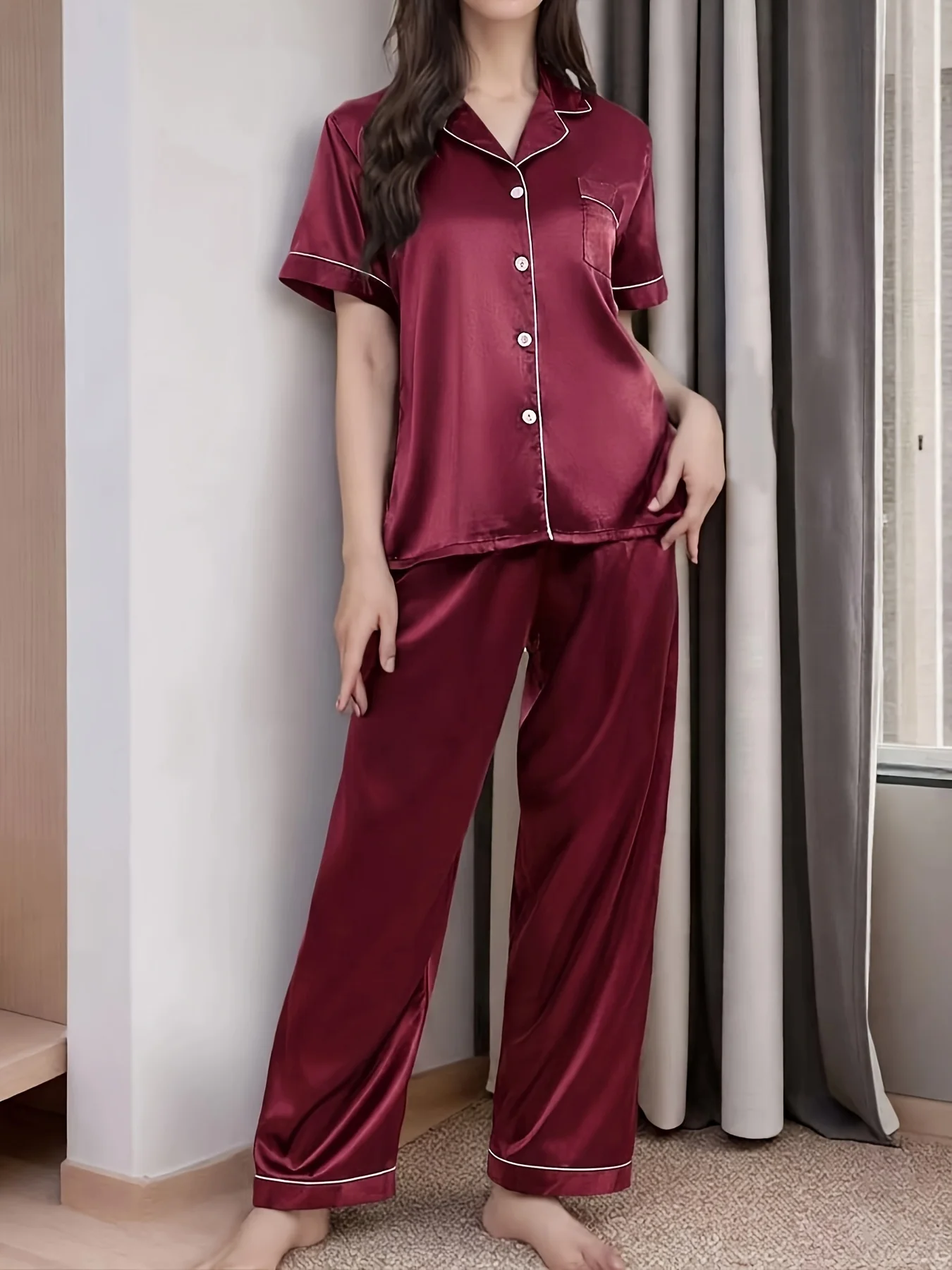 Satin Silk Pajamas Set Short Sleeve Top and Long Pants Women's Comfortable Casual Home Wear Spring Autumn Sleepwear