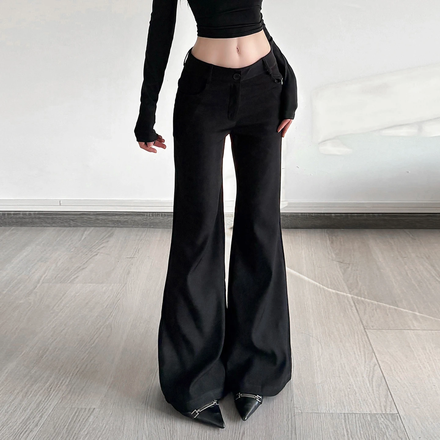 SUCHCUTE Black Slim-Fit Low-Rise Suit-pants y2k Streetwear Basic All-match Trousers Office Lady Bottoms Korean Fashion Summer