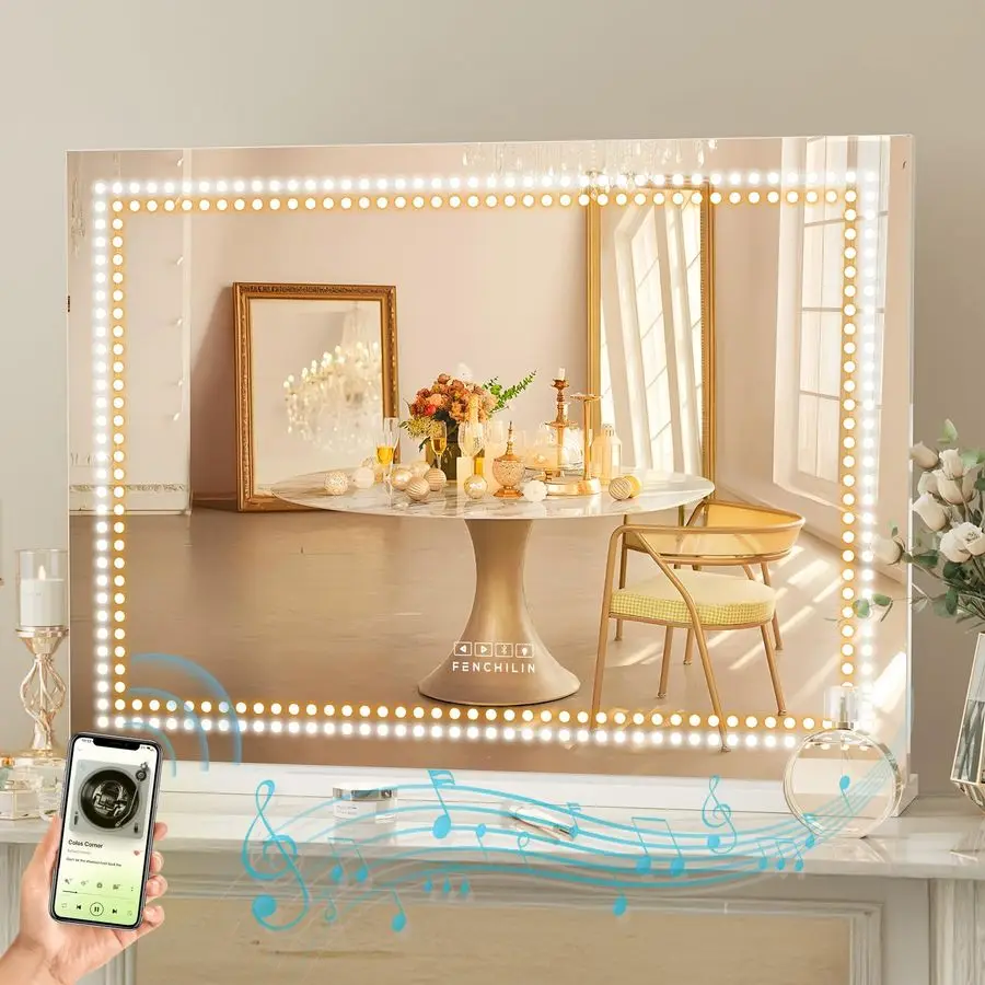 مرآة الغرور مع أضواء ومكبر صوت بلوتوث 31.5x 22.8 مرآة ماكياج مضاءة مرآة هوليوود مع حبات إضاءة LED شحن USB #1