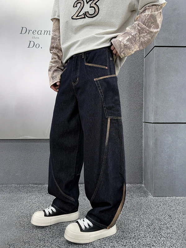 

Autumn Winter New Style Men's Casual Loose Straight Leg Jeans Versatile Deep Blue High End Teenagers Fashionable American Style