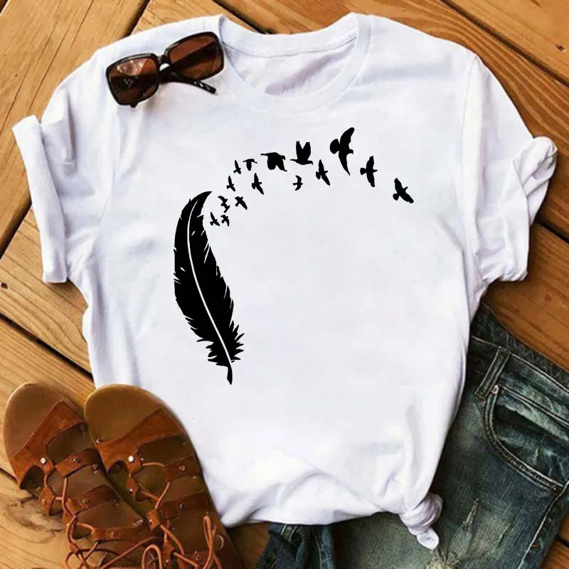 Fashion Birds Print Women T Shirt Loose Short Sleeve O Neck Women Tshirt Ladies Tee Shirt Tops Clothes Camisetas Mujer