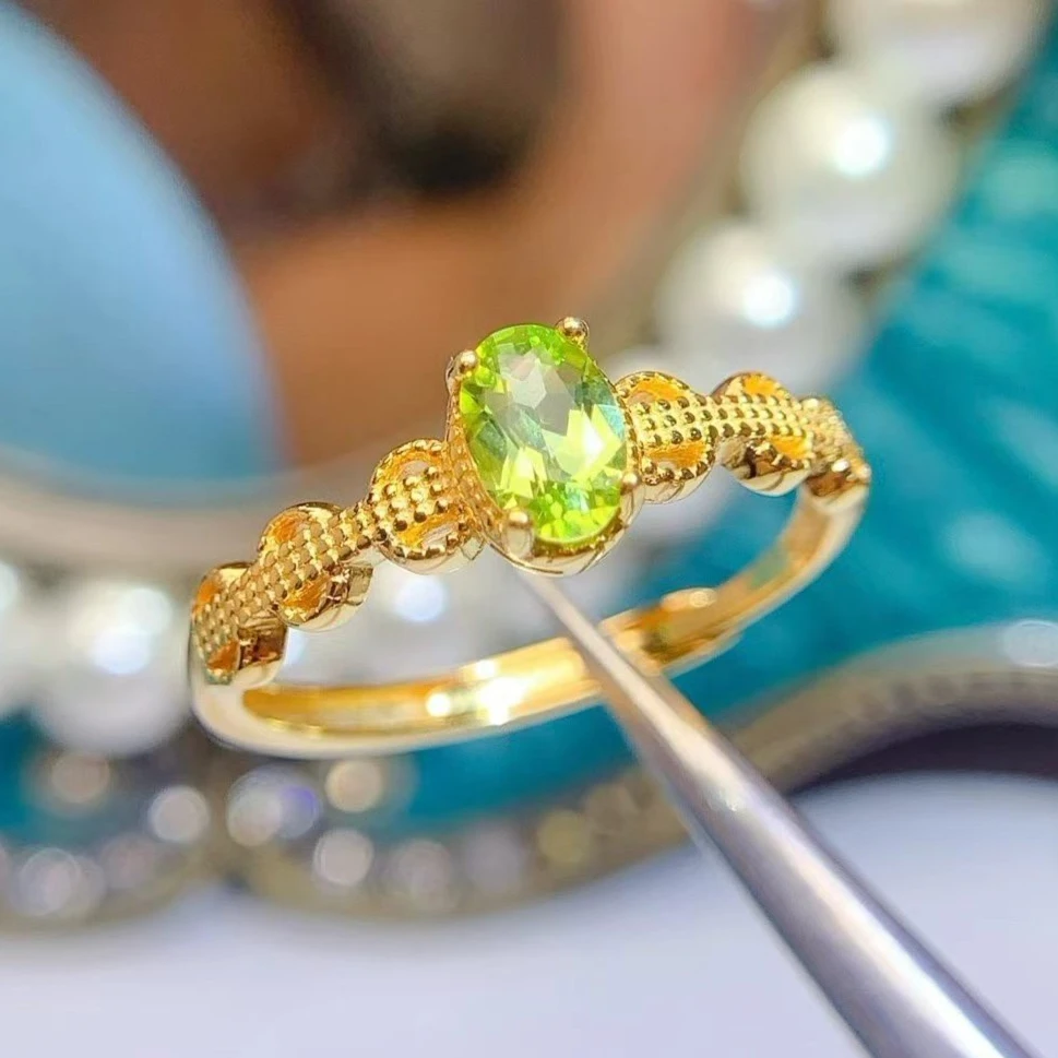 Certified Natural Peridot Ring 925 Silver Exquisite Vintage Filigree Craft Gold Plated Oval Solitaire Promise Wedding Band