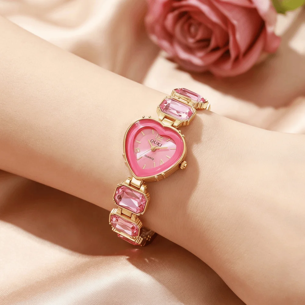 Heart Shaped Dial Crystal Candy Quartz Watch Colorful Quartz Movement Lightweight Rhinestone Bracelet Watch Luxury Fashion