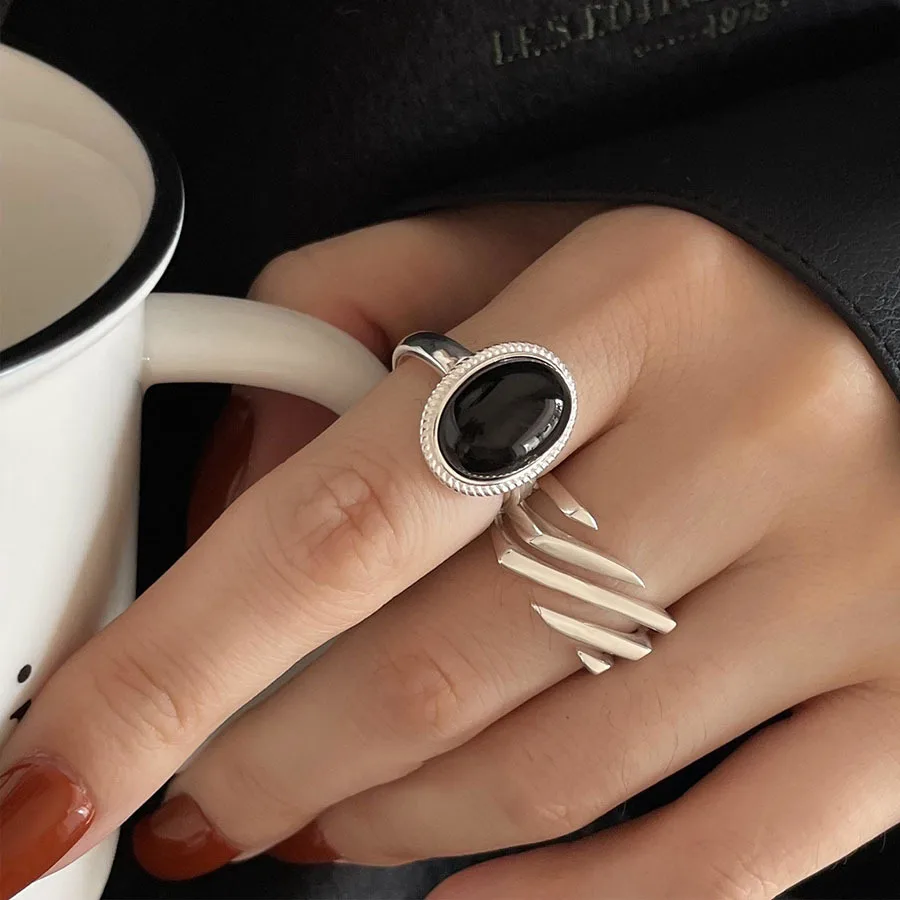 Fashion Geometric Black Stone Rings for Women Girl Korean Simple Adjustable Couple Jewelry Dropshipping