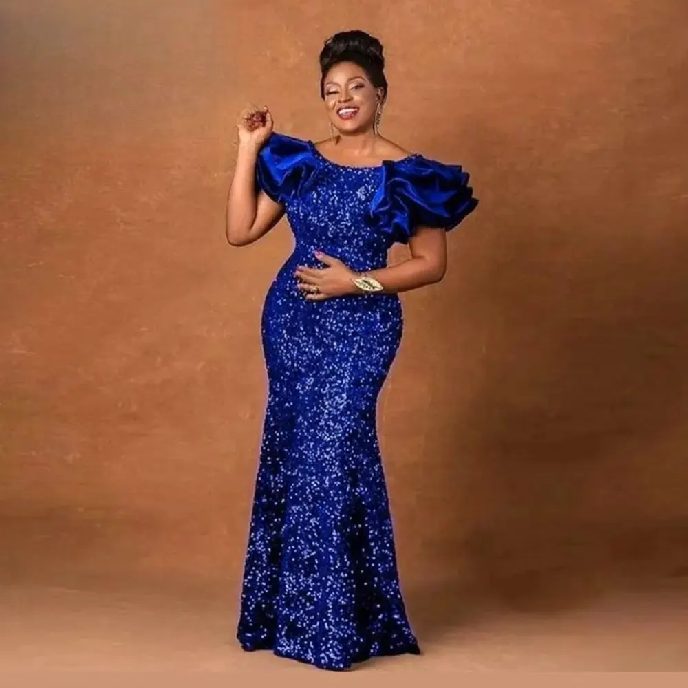 

Sparkly Sequined Prom Gowns Women Africa 2024 Royal Blue O Neck Evening Dresses Ruffles Fluffy Short Sleeves Formal Party Robe