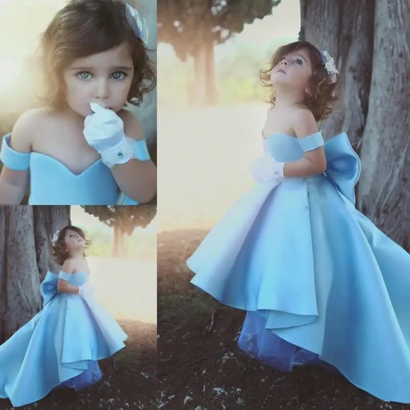 Formal Lolita Flower Girl Dresses Light Blue Ball Gown Kids First Communion Party Wedding Princess with Train