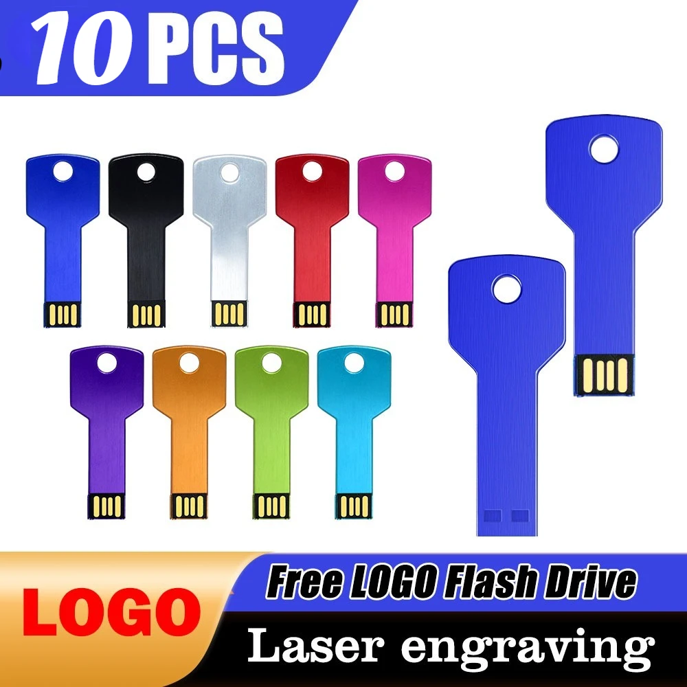

10pcs Custom logo USB Key shape Pendrive Metal Memory Stick 8GB 16GB 32GB 64GB Flash Drive pen drive flash usb disk pen drive