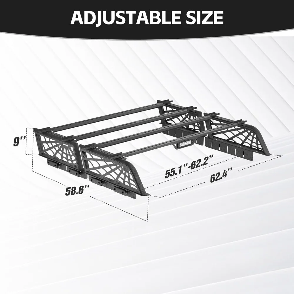 حامل شحن لسرير الشاحنة لـ 2020-2025 Gladiator JT و2016-2025 Toyota Tacoma مع قضبان سرير، سعة 800 رطل، متوافقة