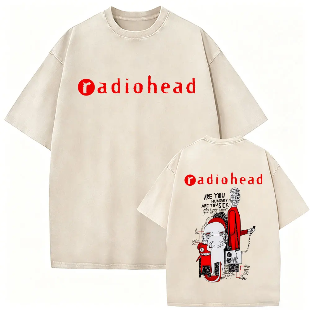 Washed Vintage Rock Band Radiohead Are You Hungry Are You Sick T Shirt Men Retro Casual Cotton T-shirts Men's Hip Hop Streetwear