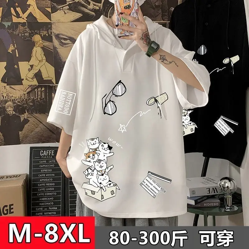 Fashion Short Sleeve Casual Hooded Casual T-shirt Black and White Printed Men's Cotton 2024 Summer Top T-shirt Plus Size M-8XL