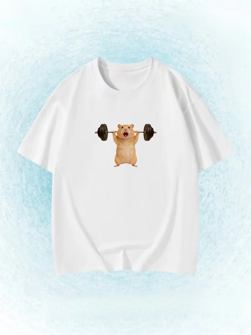 Funny Snowboarding Hamster Animal Print T-Shirt Cute Meme Loose Short Sleeve Unisex Casual Summer Top for Men Women Daily