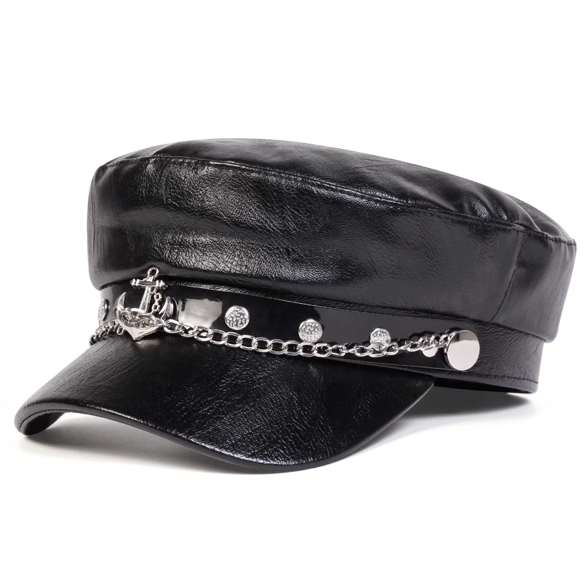 Sombrero de Cuero Unisex con Hebilla de Ancla de Barco, Gorra de Marinero para Primavera y Otoño, Boina Negra, Gorra Plana de Capitán Militar para Hombre