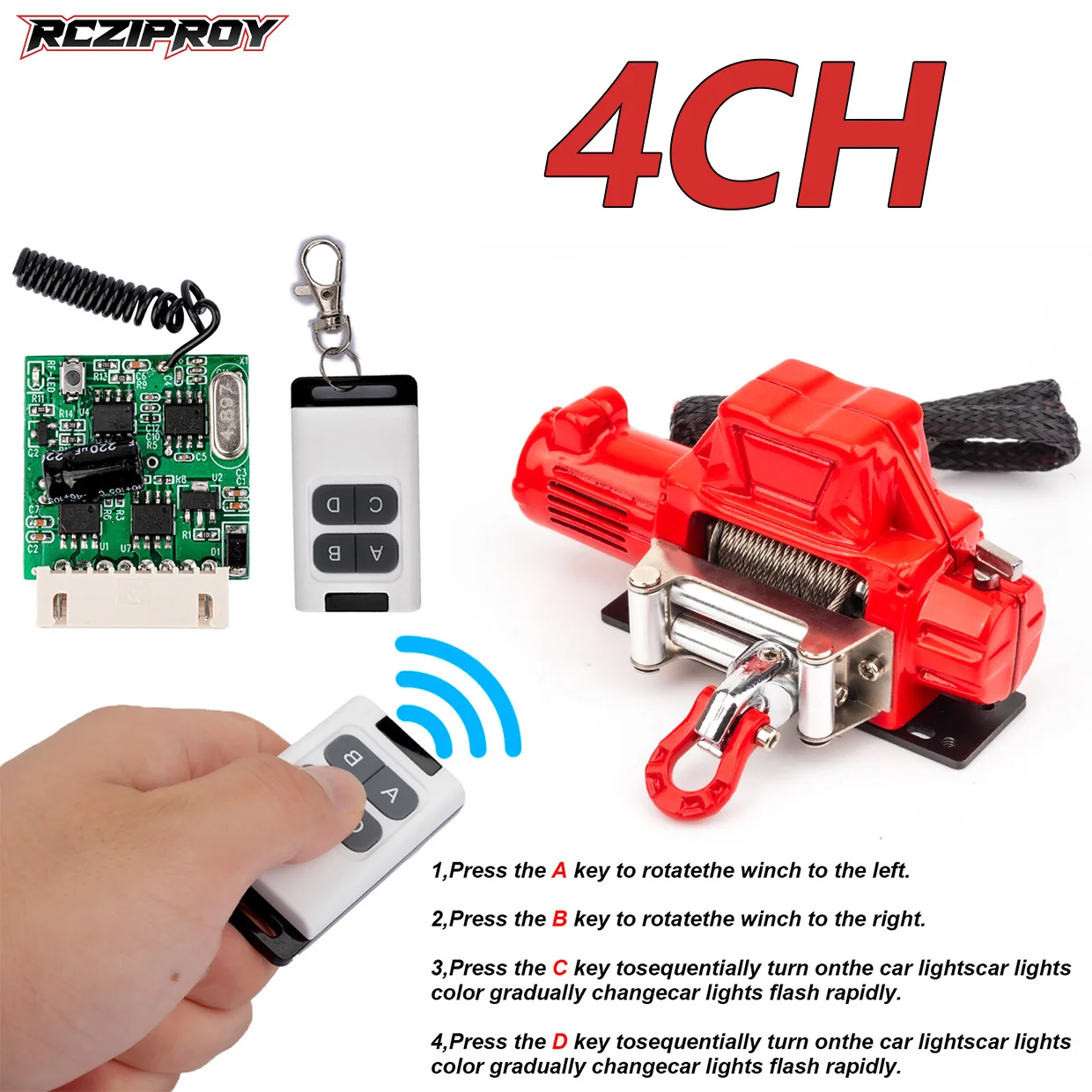 

RCZIPROY RC Car Rescue Metal Winch & Multifunction Remote Control with Receiver for 1/10 RC Lane Axial SCX10 90046 TRX4