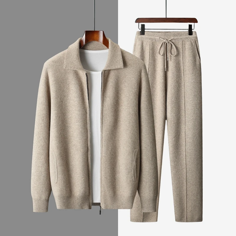 

Men Zippers Turn-down Cardigan 100% Cashmere Sweater Knit Pants Sets Autumn Winter Pencil Trousers Elastic Waist Thick Knitwear