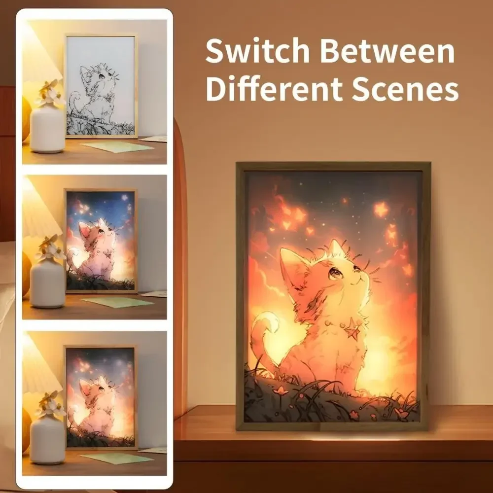 Cute Pet Cat Decorative Sketch Drawing Frame Healing Night Light Bedroom bedside table Creative lighting decoration painting