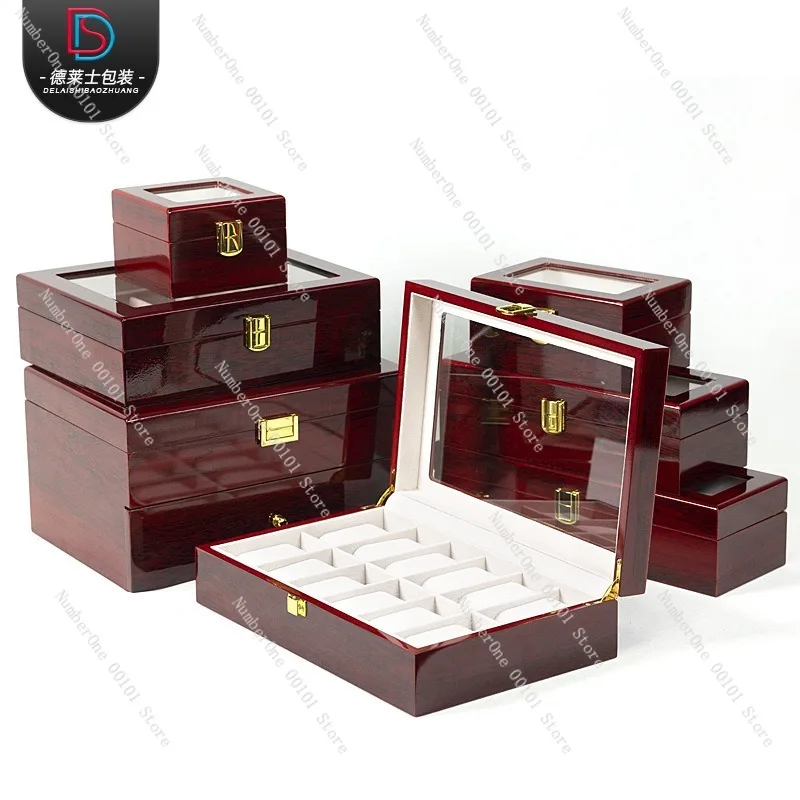 

Ящик для хранения часов с красным лаком, пыленепроницаемый с мансардным светом, витрина для часов, браслетов и предметов коллекционирования