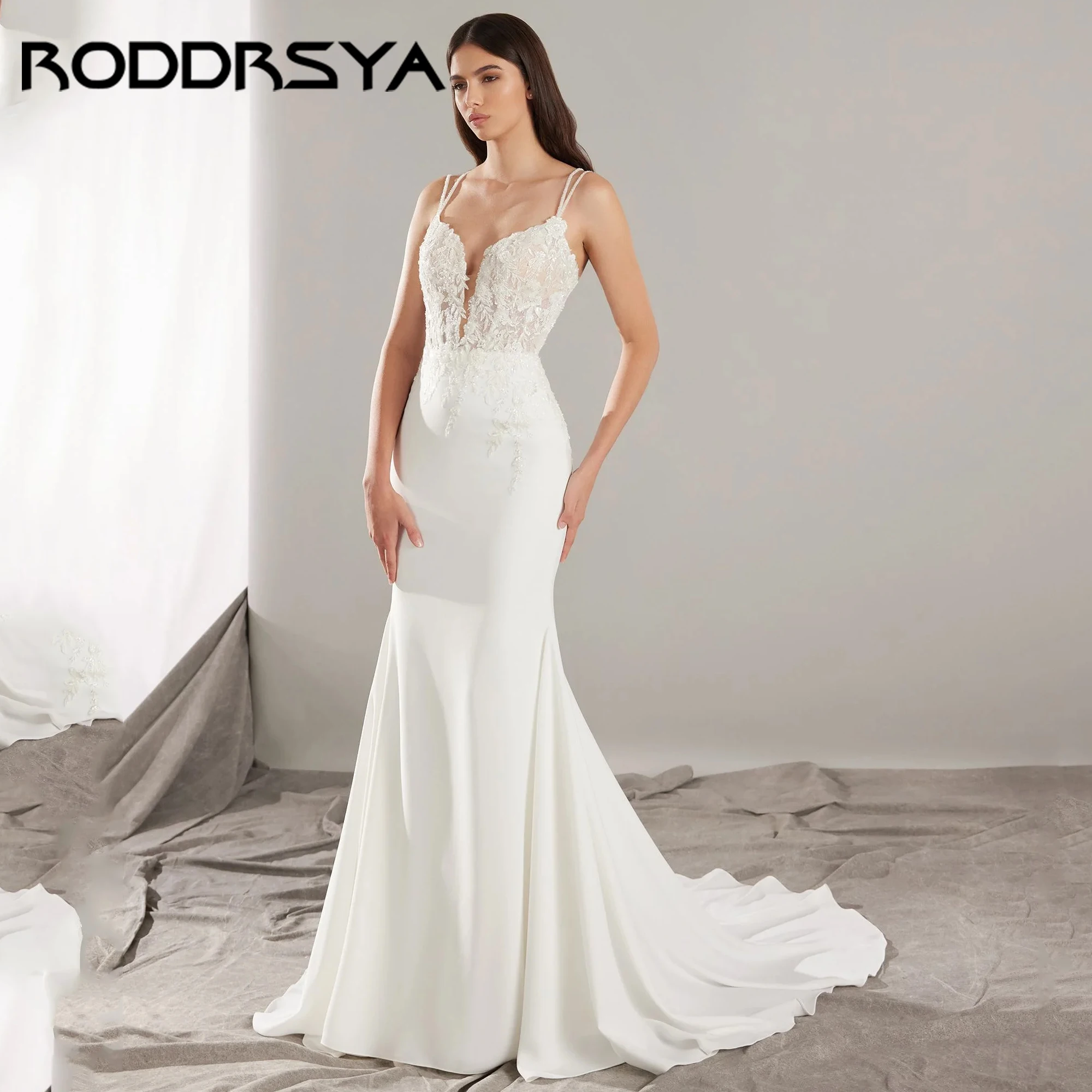 

V-Neck Luxury Mermaid Wedding Dress For Bride Double Spaghetti Straps Stain Slim Flare Bridal Dress Vestidos De Novia Customized
