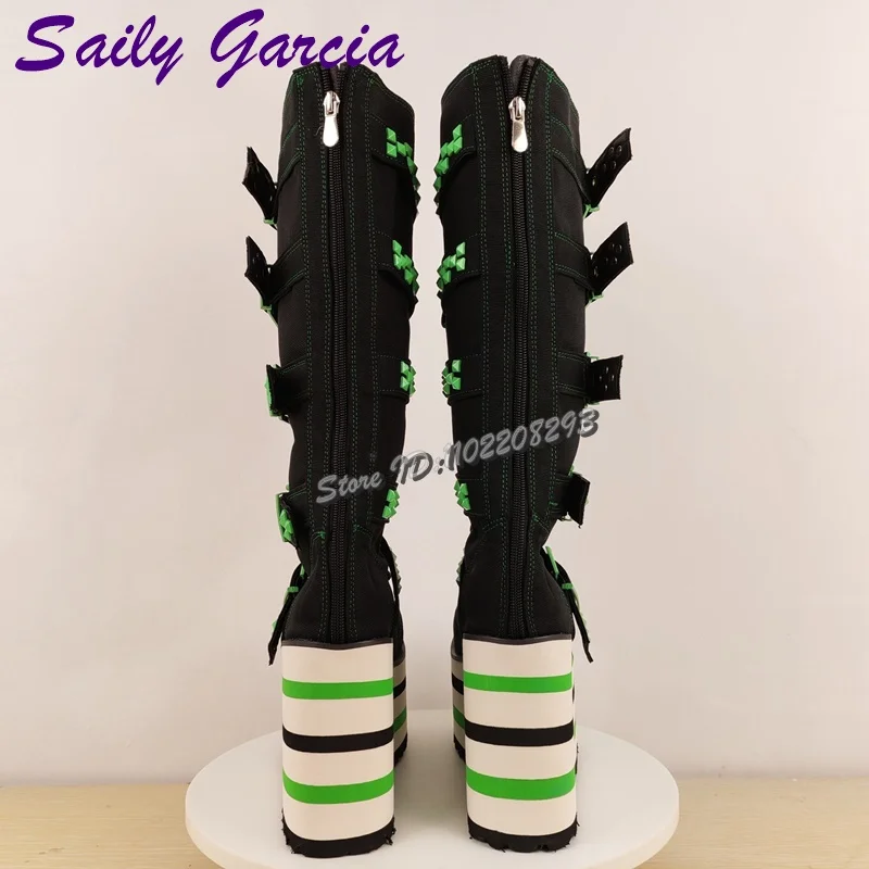 Green Buckle Straps Knee High Boots Punk Patchwork Round Toe Lace-up Platform Boots Fashion Women Lolita Shoes 2025 Autumn New image 3