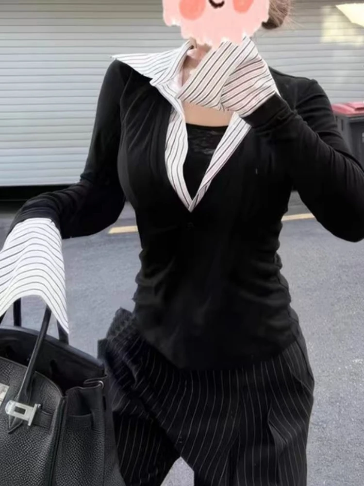 الجمالية الخريف الساخن فتاة المرقعة تي شيرت المرأة موضة خمر مخطط رقيقة بولو طوق القمصان الإناث شارع العليا Y2k تيز