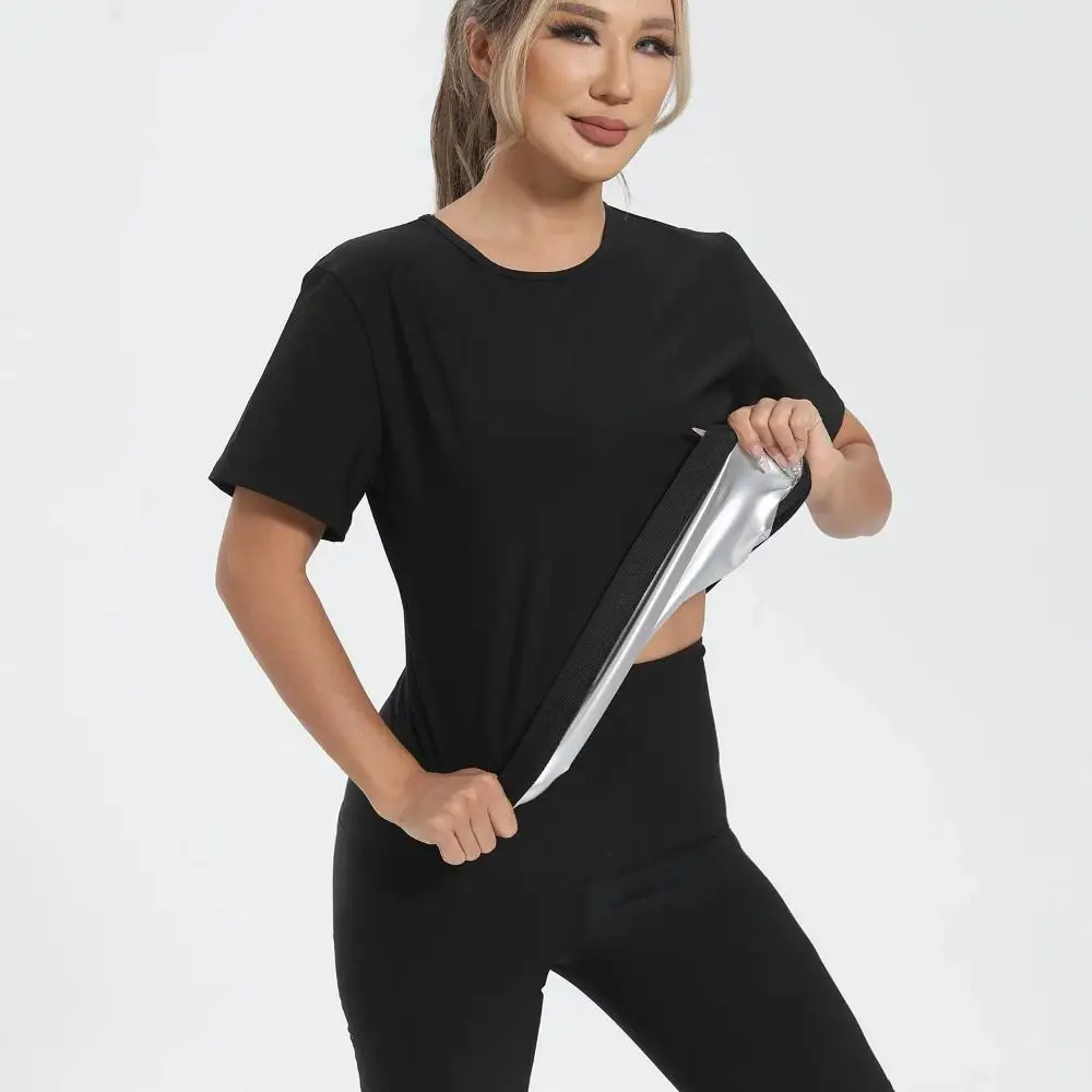 قميص عرق مقاوم للعرق بأكمام قصيرة وضغط مناسب لمدرب الخصر، قميص ساونا متعدد الاستخدامات وقابل لإعادة الاستخدام