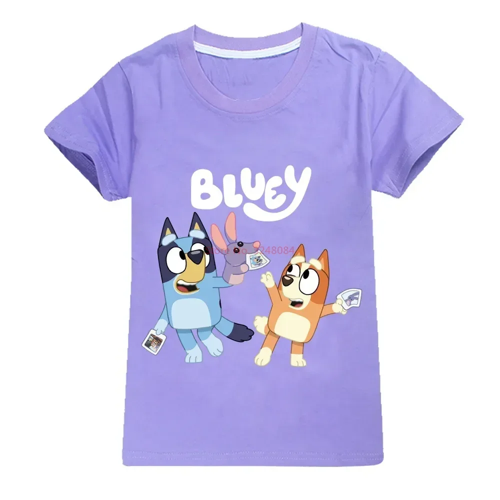 Bluey-Top estampado casual de verão, família bingo, gola redonda, algodão puro, camiseta de manga curta, presente para meninos e meninas, anime, novo