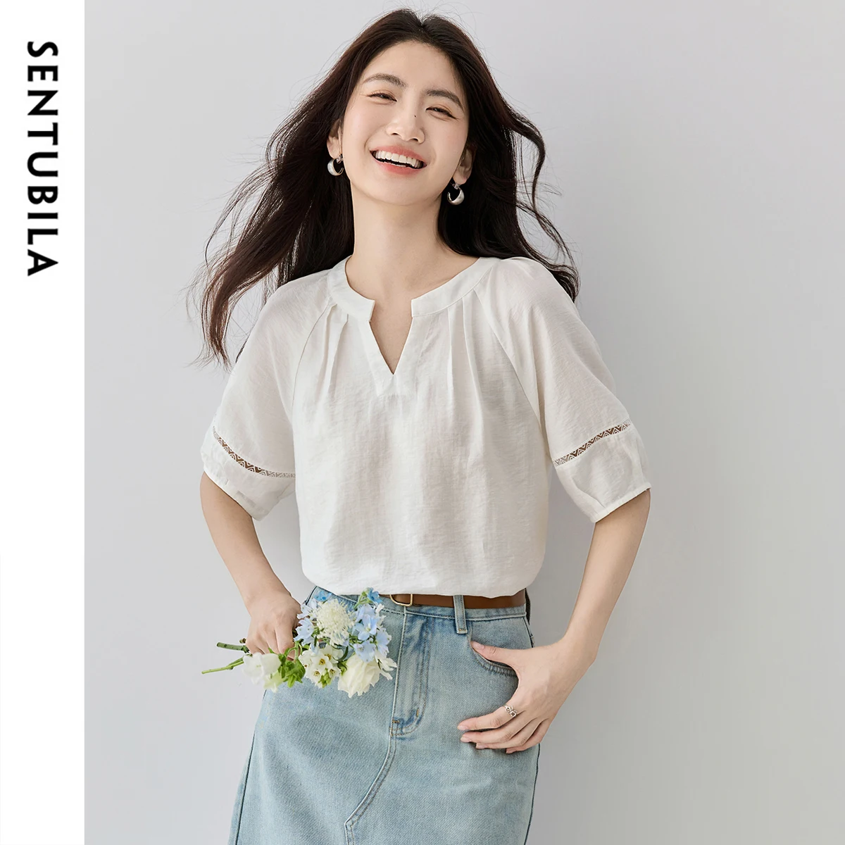 

SENTUBILA Women Lyocell Blouse 2025 Summer Half Sleeve Patchwork Hollow Lace Casual Cozy Loose Fit Elegant Shirt 152C59387