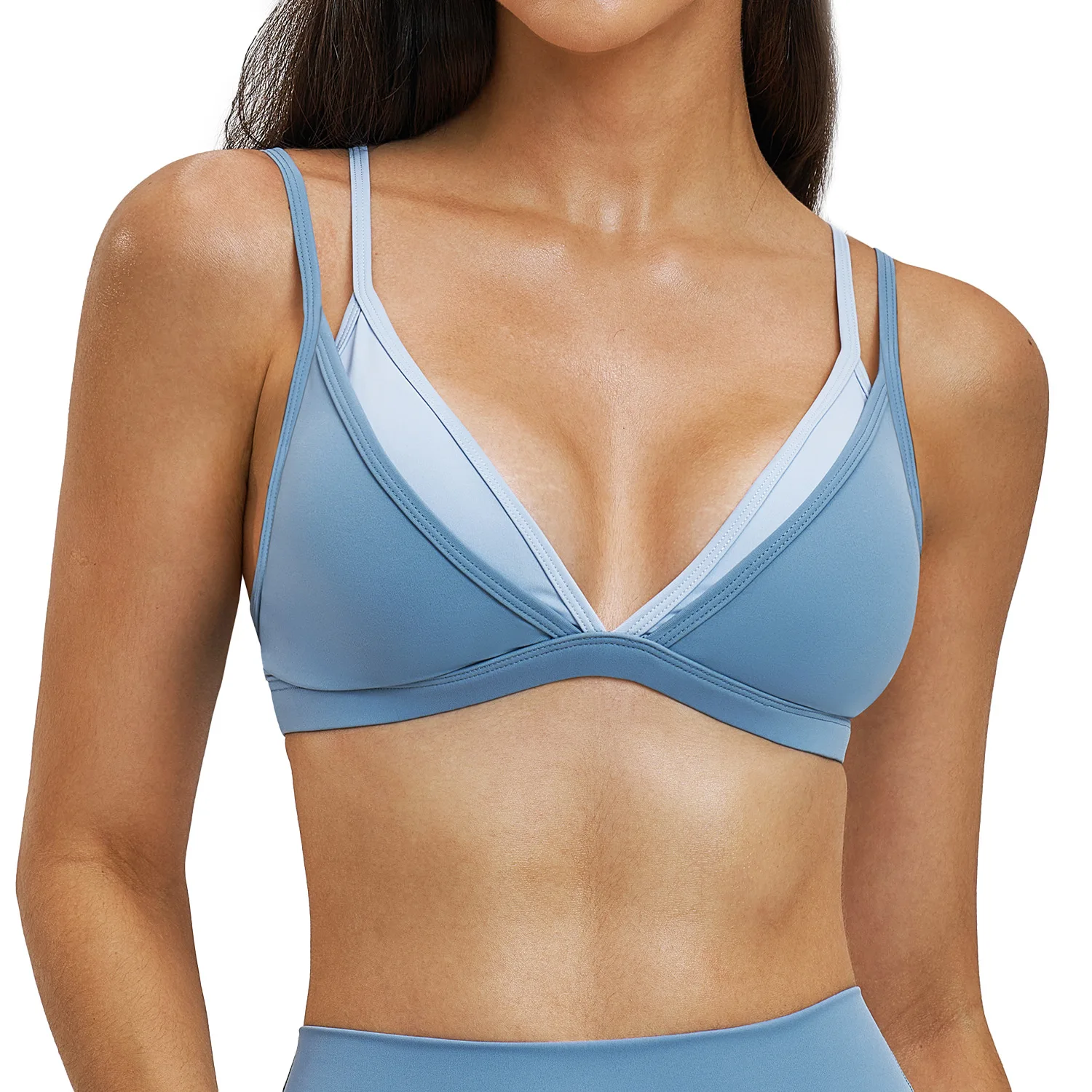 

Maxdutti Naked Back Yoga Bra Fake Two Piece Color Contrasting Outdoor Leisure Sports Fitness Underwear Female