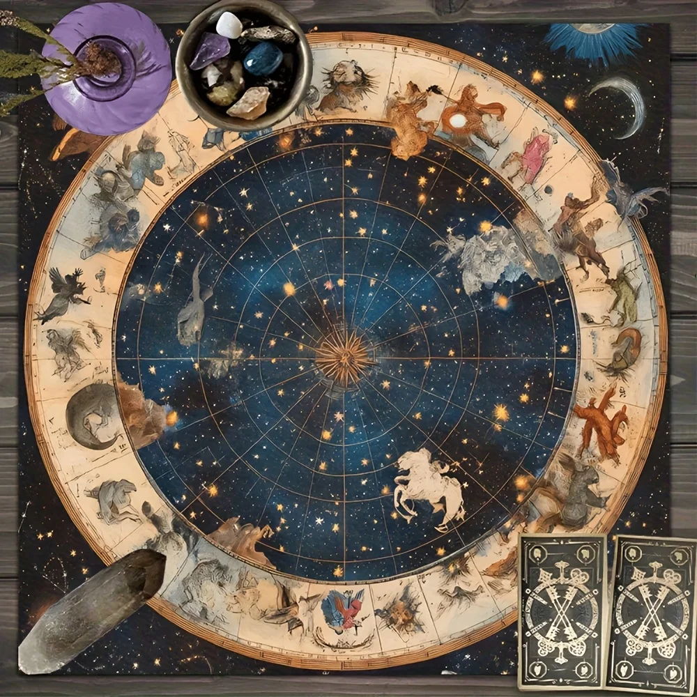 Mystical Zodiac Astrology Altar Cloth Celestial Earth Design Tarot Reading Mat With Cosmic Astrological Symbols Tablecloth
