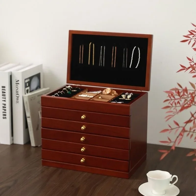Wooden Retro Jewelry Box Earring Organizer Necklace Display Stand Ring Holder Storage Boxes with Lock Solid Wood Trinket Box