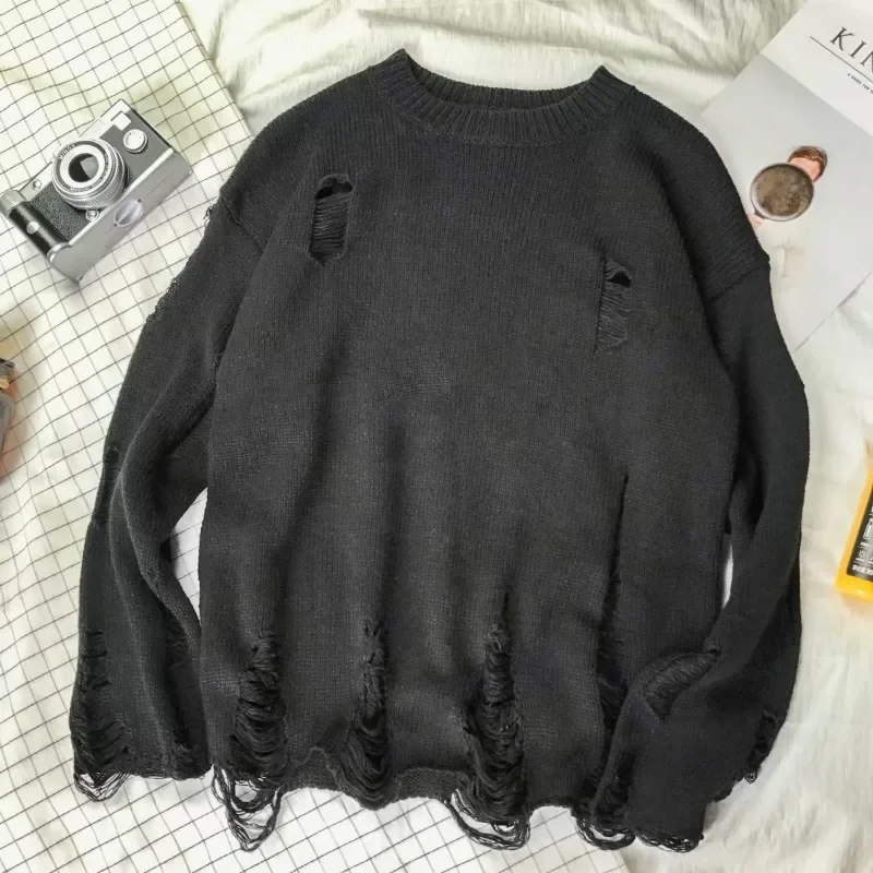 Nice Men Women Streetwear Hip Hop Pullovers Jumper Fashion Oversized All-match Men Spring Wash Hole Ripped Knit Sweaters