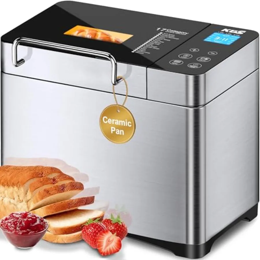 Bread maker for home baking, stainless steel body with ceramic pan, black color, 17-in-1 smart functions including automatic nu